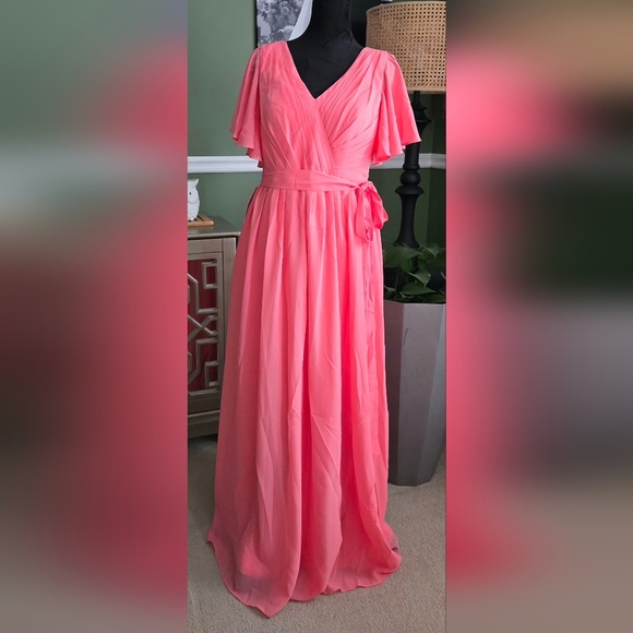 Raseal Flutter Sleeve Chiffon Bridesmaid Dress with Pockets In CORAL #1013 - Picture 2 of 7